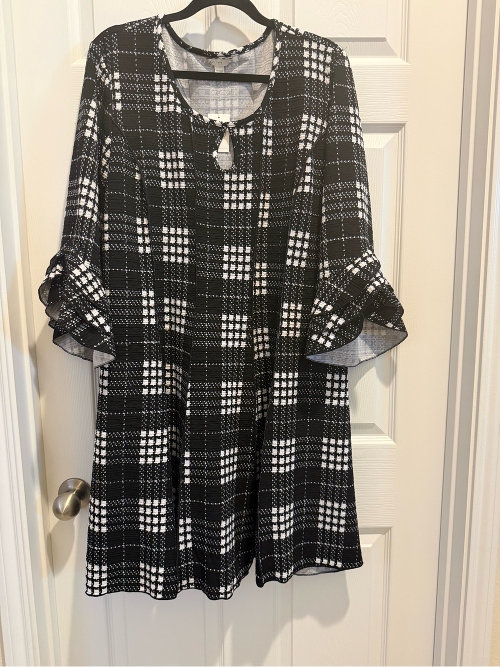 Cato Black & White Plaid Midi Dress with Ruffle Sleeves